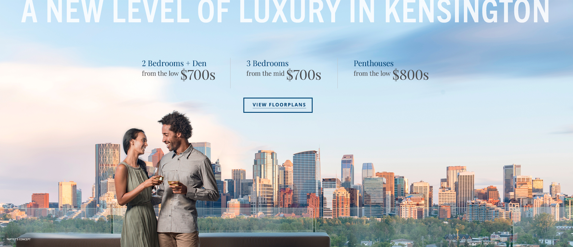 graphic: Man and woman standing on the balcony with the Calgary skyline in the background. text: A new level of luxury in Kensington. The Reserve Collection at the Theodore